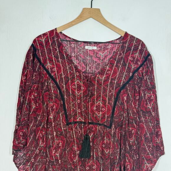Maurices Peasant Top Womens Plus 2X Red Floral Metallic Tassel Fairy Cottage - Picture 3 of 10